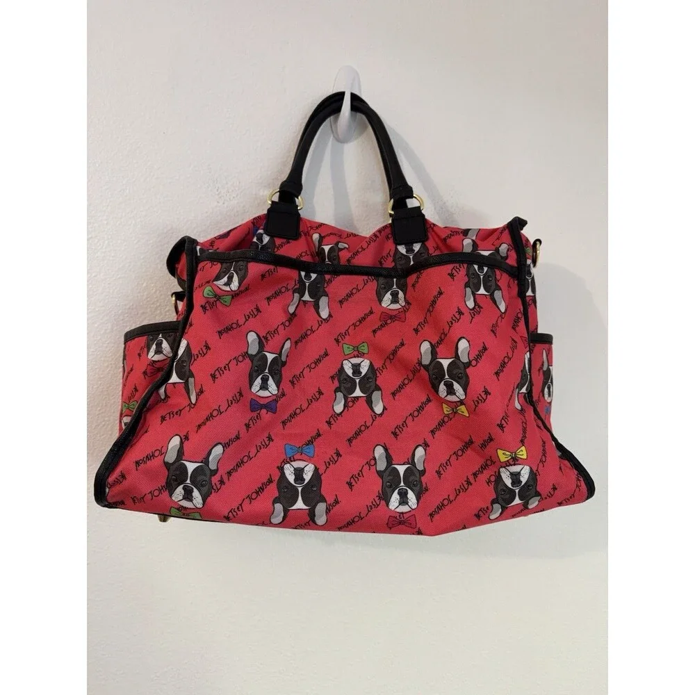 BETSEY JOHNSON Bag Iconic Bulldog Large Duffle +Card/Coin  Wallet Pink EUC